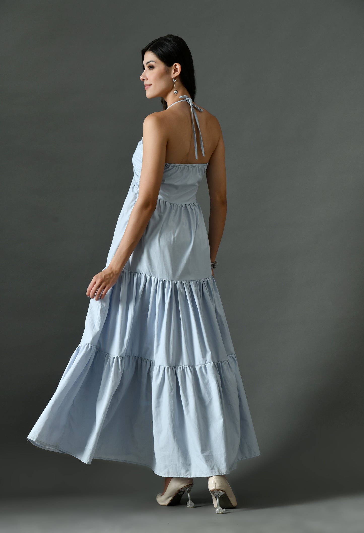 Sky Blue Halter Bowknot Back Ruffle Flowy Maxi Dress