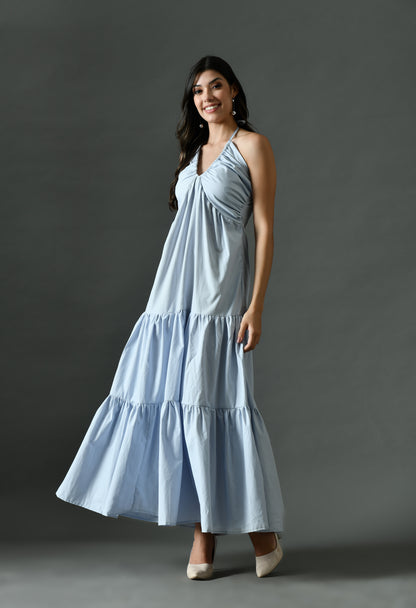 Sky Blue Halter Bowknot Back Ruffle Flowy Maxi Dress