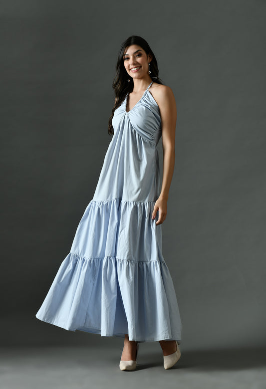 Sky Blue Halter Bowknot Back Ruffle Flowy Maxi Dress