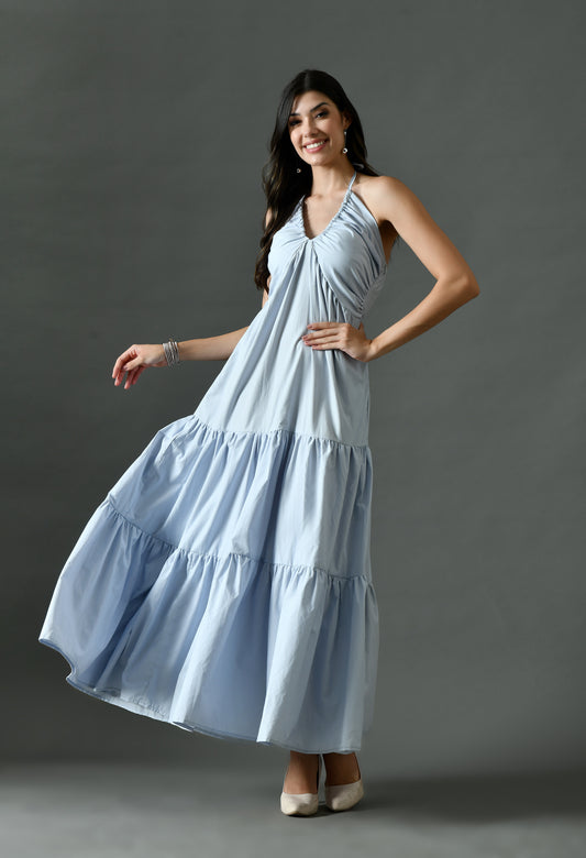 Sky Blue Halter Bowknot Back Ruffle Flowy Maxi Dress