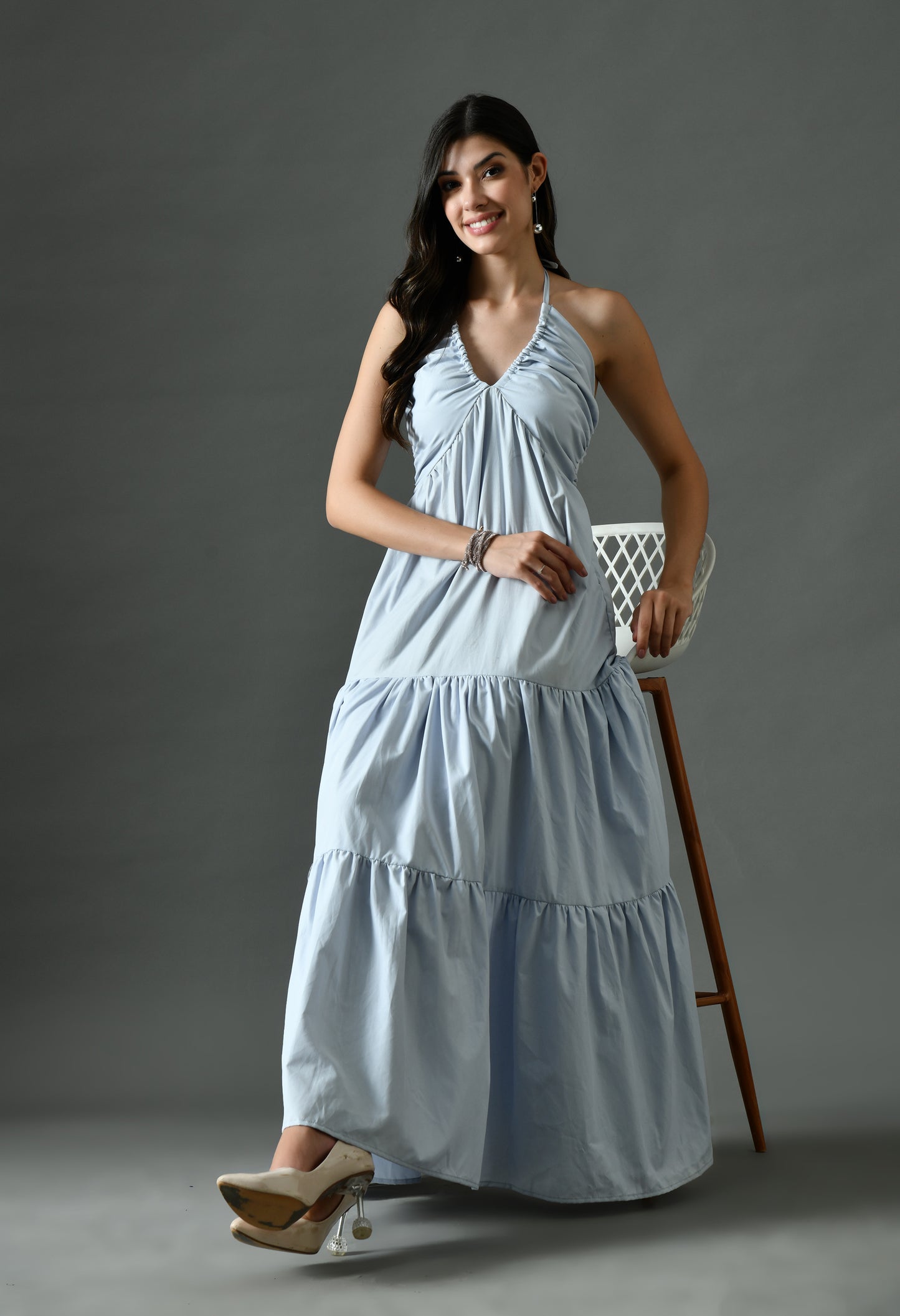 Sky Blue Halter Bowknot Back Ruffle Flowy Maxi Dress