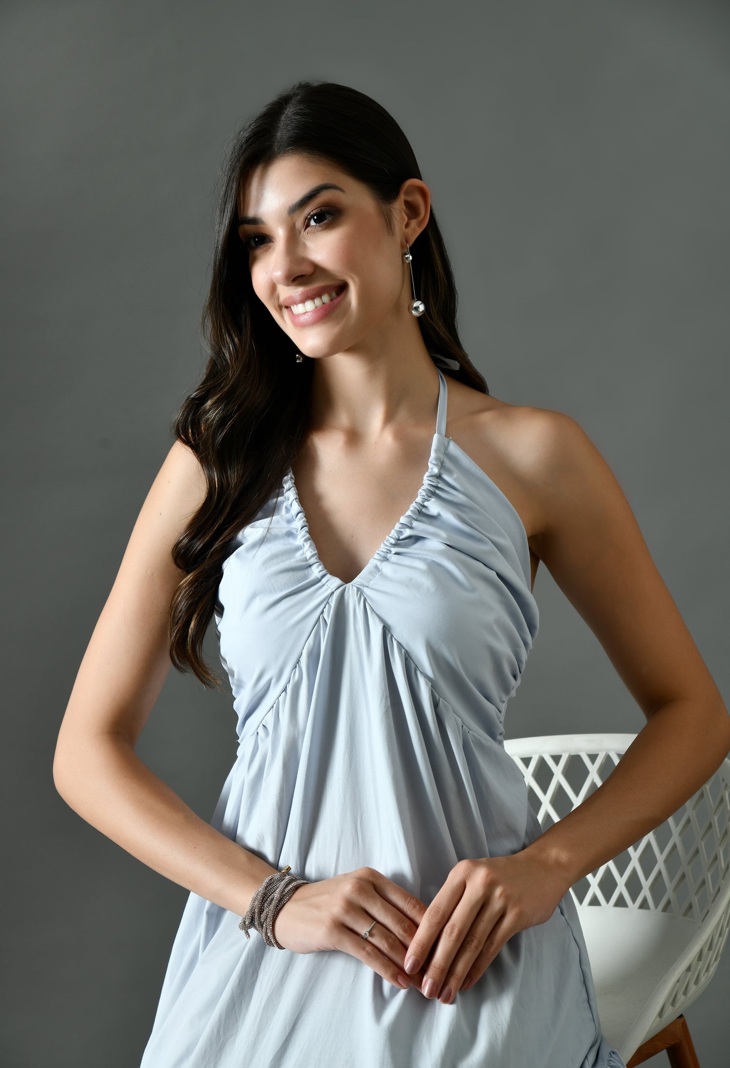 Sky Blue Halter Bowknot Back Ruffle Flowy Maxi Dress