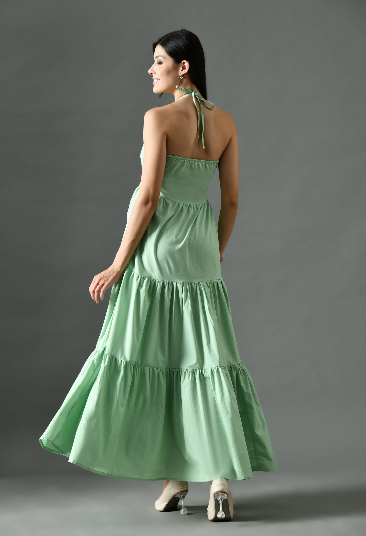Sage Green Halter Neck Tiered Maxi Dress