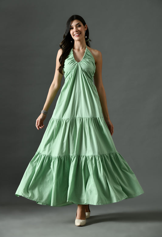 Sage Green Halter Neck Tiered Maxi Dress