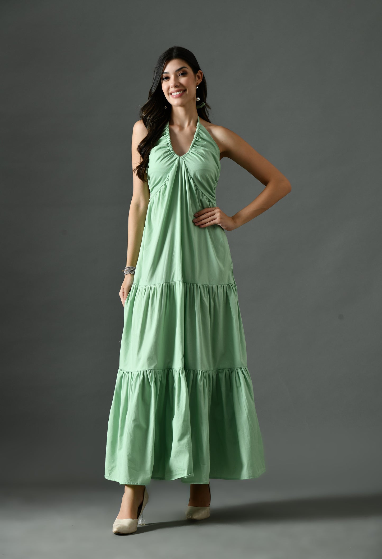 Sage Green Halter Neck Tiered Maxi Dress