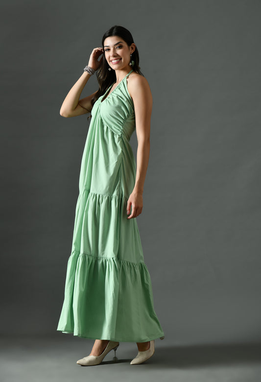 Sage Green Halter Neck Tiered Maxi Dress