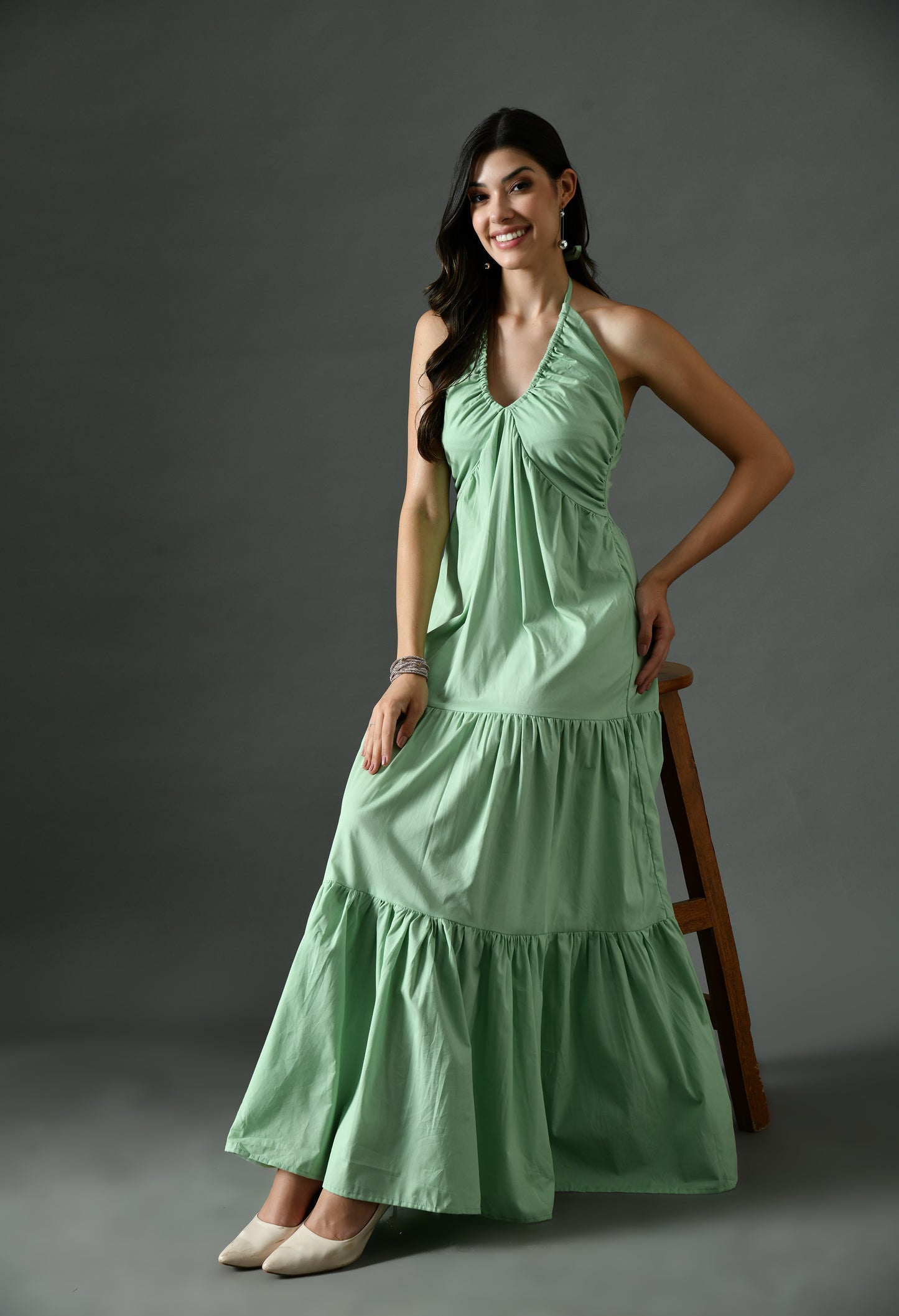 Sage Green Halter Neck Tiered Maxi Dress