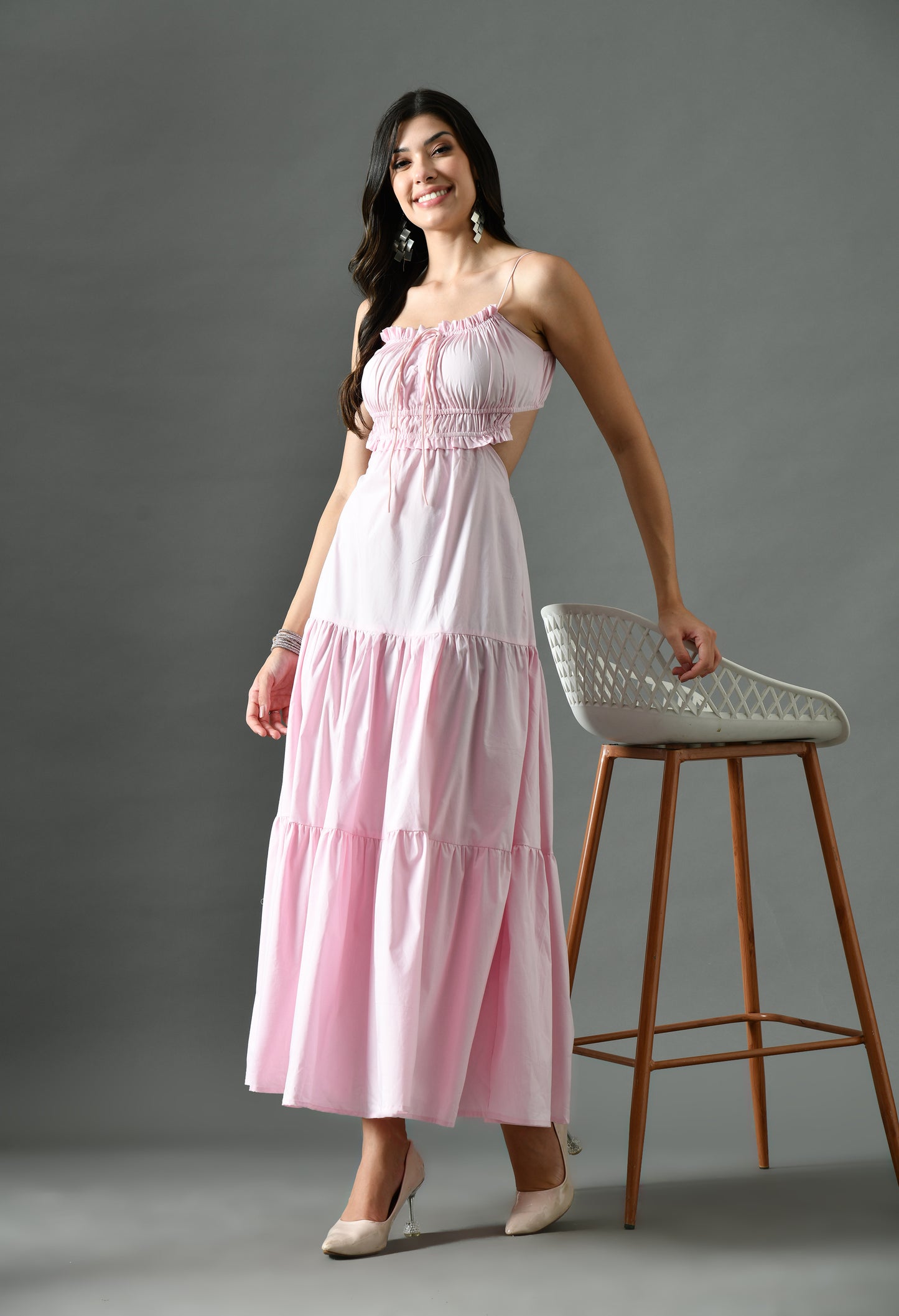 Blush Pink Ruched Tube Maxi Dress