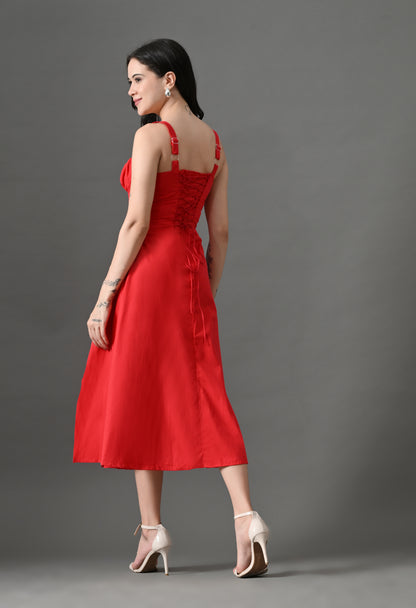 "Red corset midi dress with sweetheart neckline, thigh-high slit, and flowy skirt – perfect for date nights.