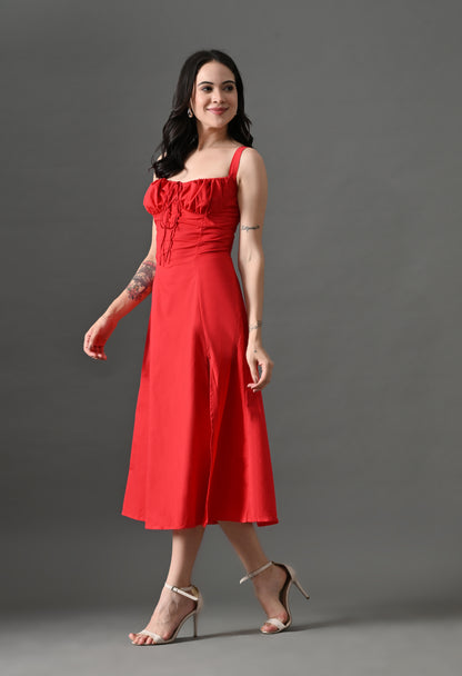 "Red corset midi dress with sweetheart neckline, thigh-high slit, and flowy skirt – perfect for date nights.