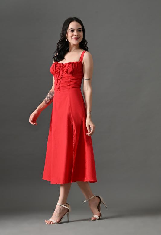 "Red corset midi dress with sweetheart neckline, thigh-high slit, and flowy skirt – perfect for date nights.