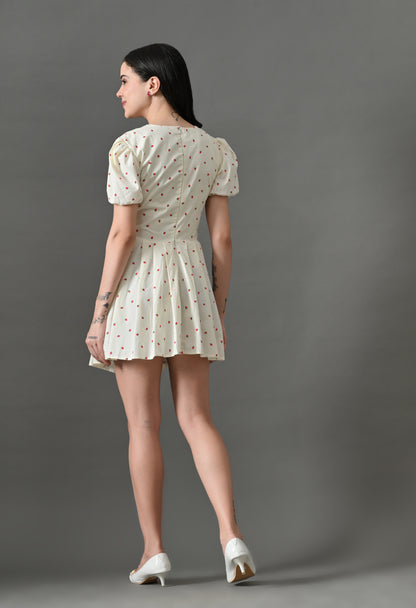 Chic White Mini Dress with Puff Sleeves and Strawberry Print