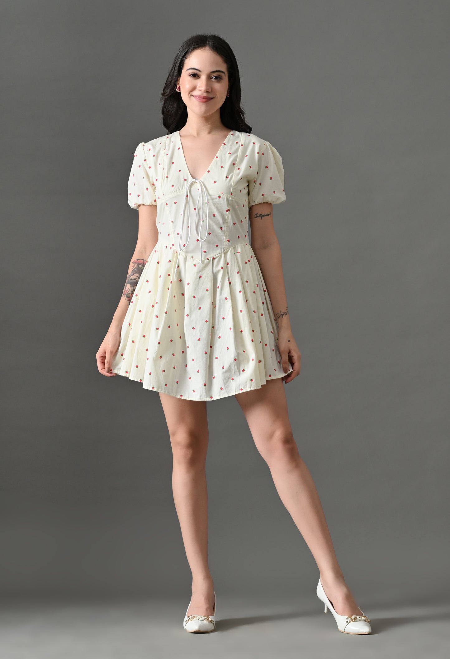 Chic White Mini Dress with Puff Sleeves and Strawberry Print