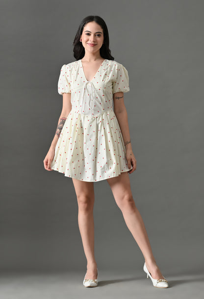 Chic White Mini Dress with Puff Sleeves and Strawberry Print