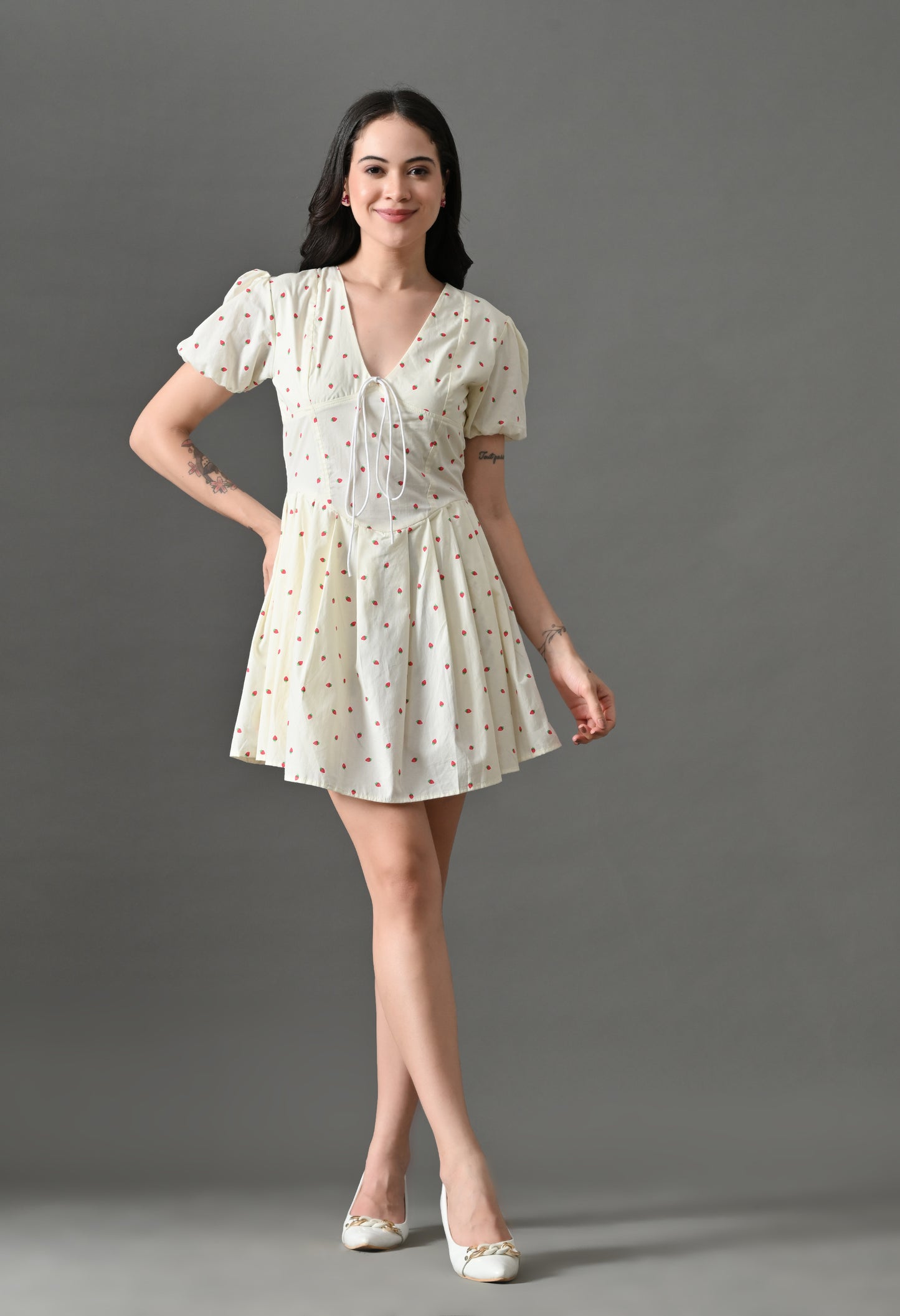 Chic White Mini Dress with Puff Sleeves and Strawberry Print