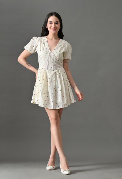 Chic White Mini Dress with Puff Sleeves and Strawberry Print