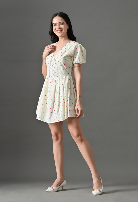 Chic White Mini Dress with Puff Sleeves and Strawberry Print