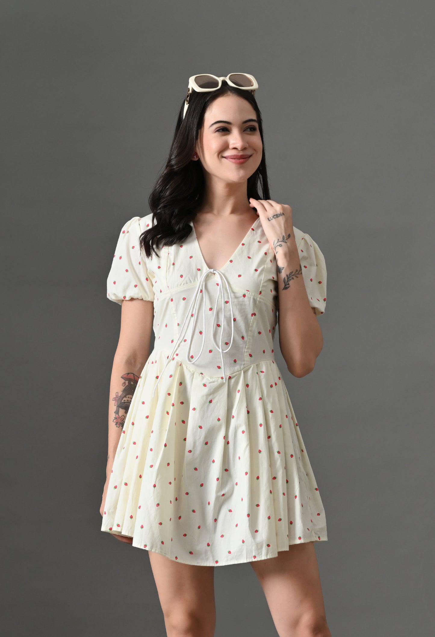 Chic White Mini Dress with Puff Sleeves and Strawberry Print