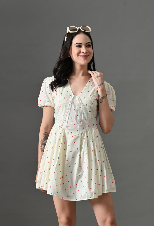 Chic White Mini Dress with Puff Sleeves and Strawberry Print