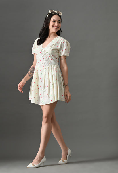 Chic White Mini Dress with Puff Sleeves and Strawberry Print