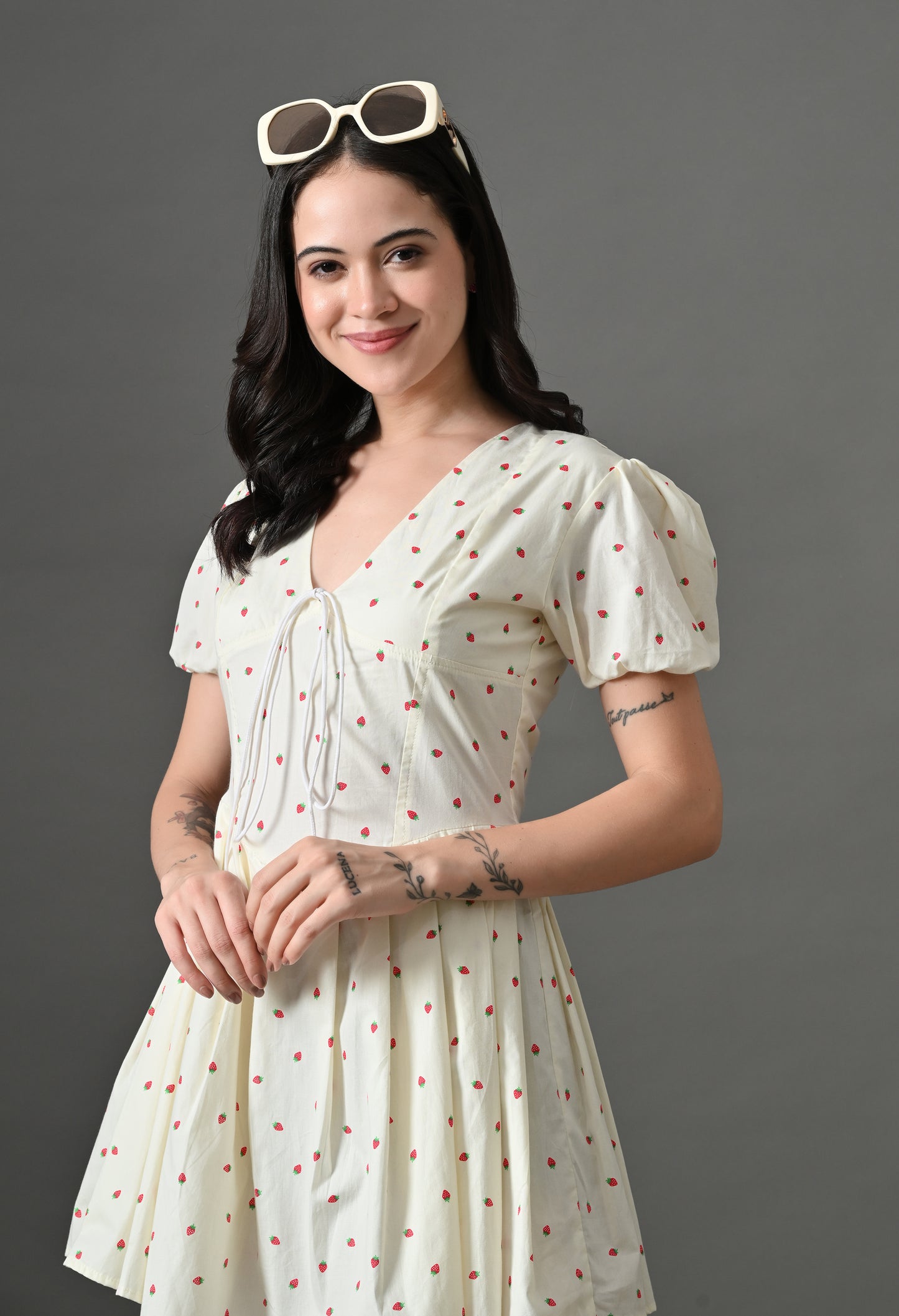 Chic White Mini Dress with Puff Sleeves and Strawberry Print