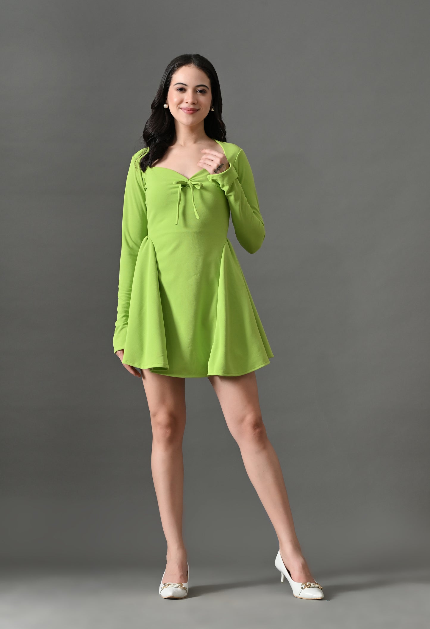 Neon green sweetheart neck mini dress
