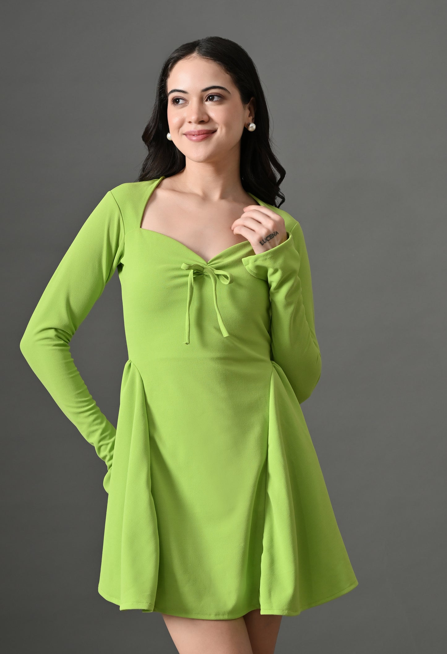 Neon green sweetheart neck mini dress